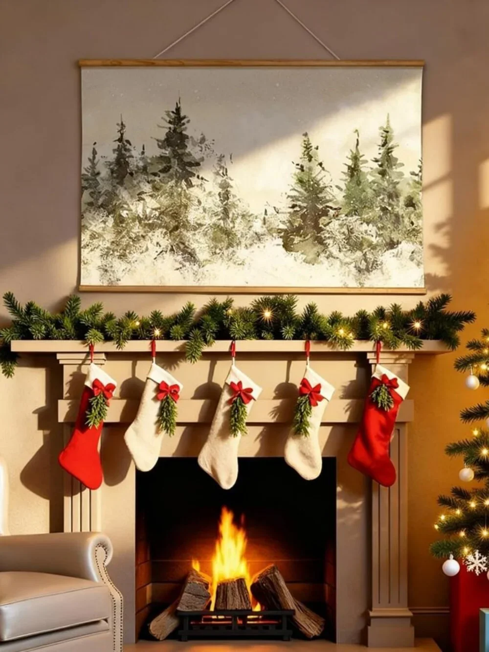 Extra Large Framed Winter Christmas Tree Wall Art Print, 36x54 Inches Decor